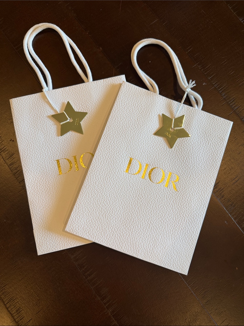 Dior White Textured Shopping Bag with Gold Logo and Star Tag